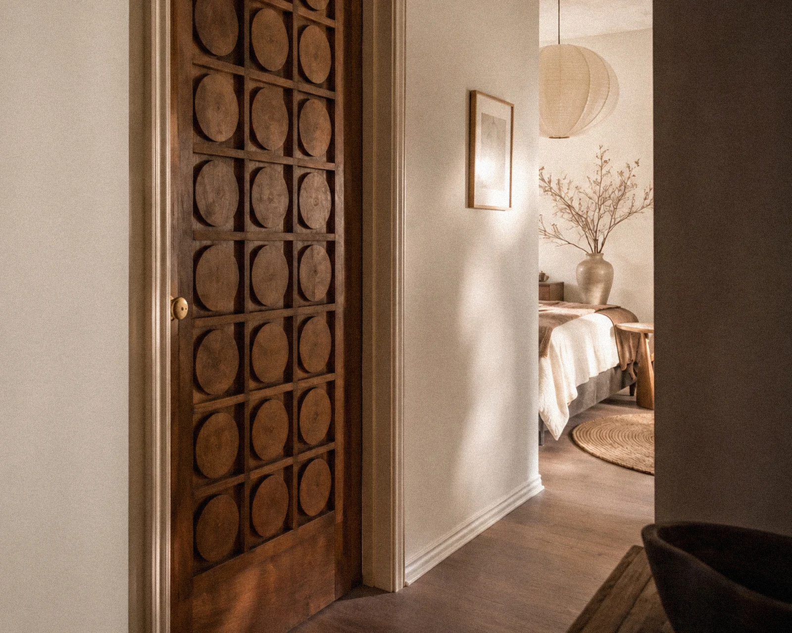 Carved disc-grid door in an interior